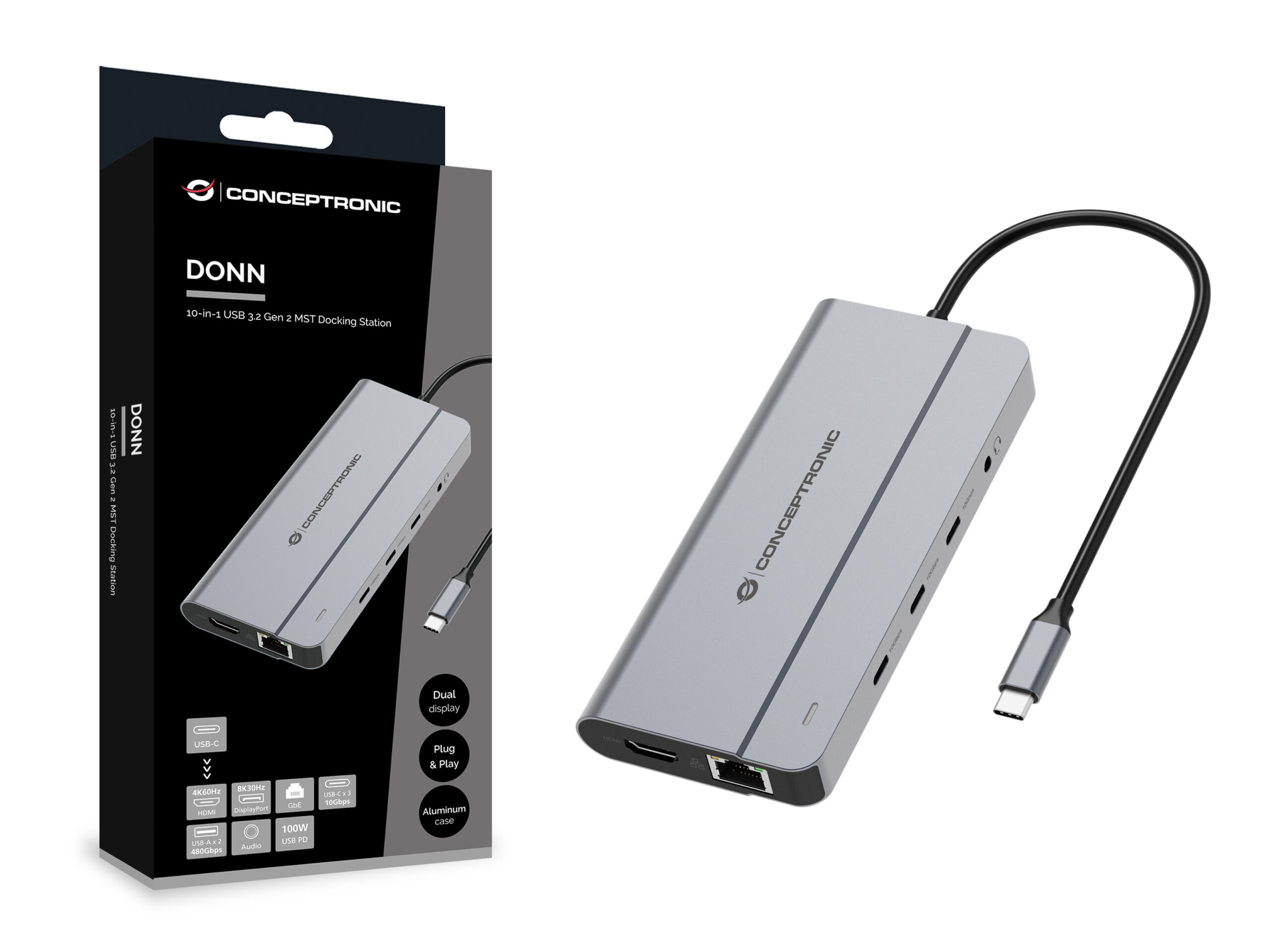 Conceptronic DONN34G base para portátil y replicador de puertos Alámbrico USB 3.2 Gen 2 (3.1 Gen 2) Type-C Gris - Imagen 3