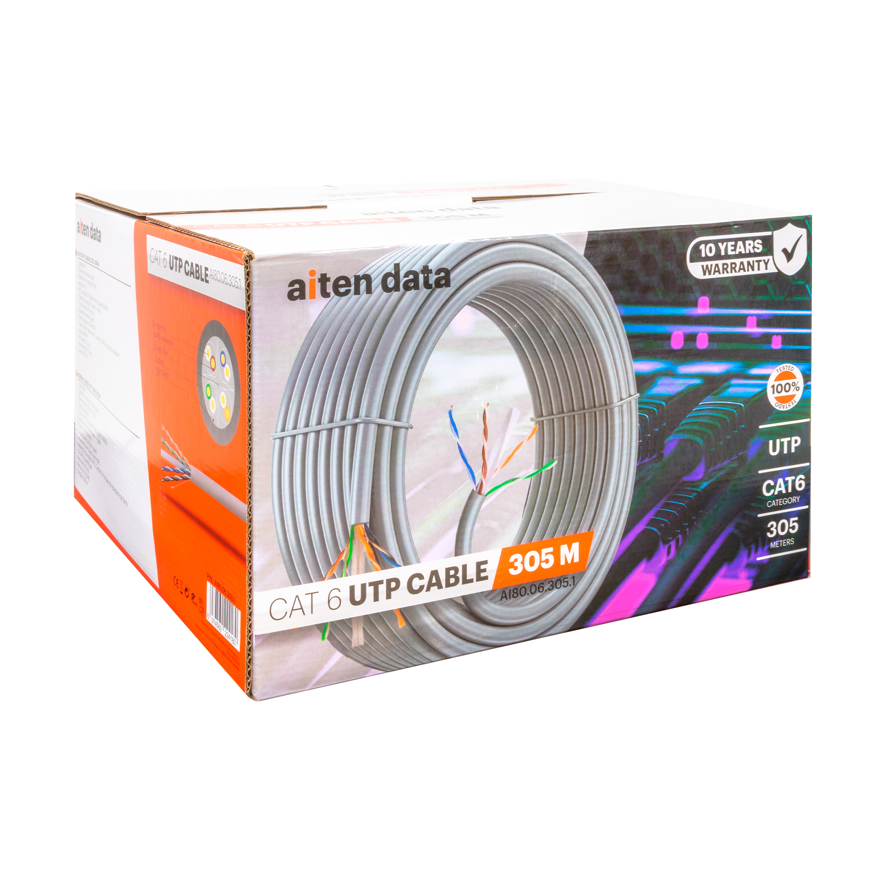 aiten data Bobina Cable de Red 305 m, UTP CAT6, Polietileno de Alta Densidad (Solid HDPE) y LSZH – Cuatro Cables Trenzados y separador – Diámetro Conductor de 0.56 mm OFC (Oxygen Free Copper) 99.97%
